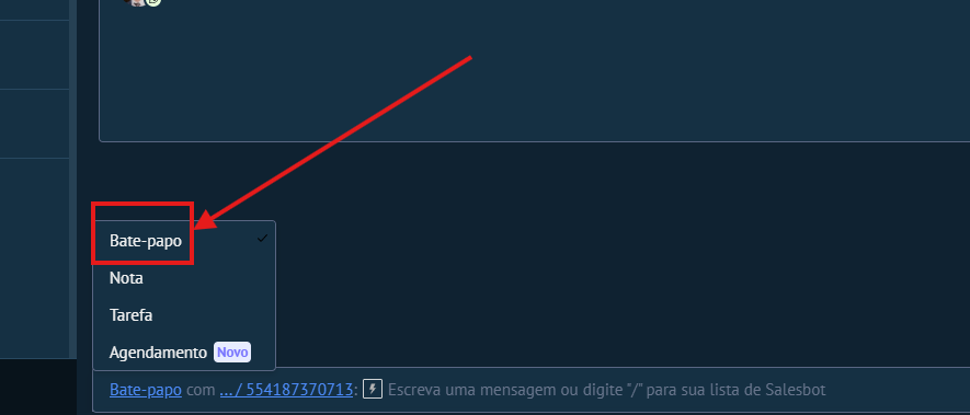 Menu com as 4 opções: Bate-papo, Nota, Tarefa, Agendamento