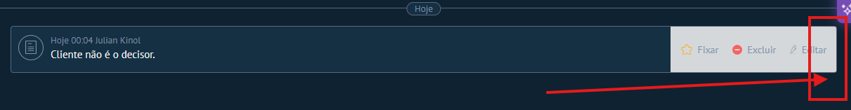 Hover na nota mostrando opções Fixar Excluir Editar