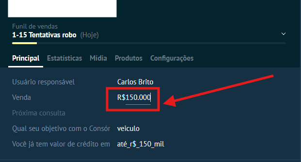 Campo Venda preenchido no card com R$150.000