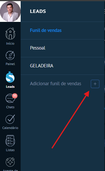 Menu lateral com lista de funis e botão Adicionar