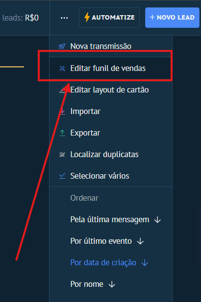 Menu com opção Editar funil de vendas destacada