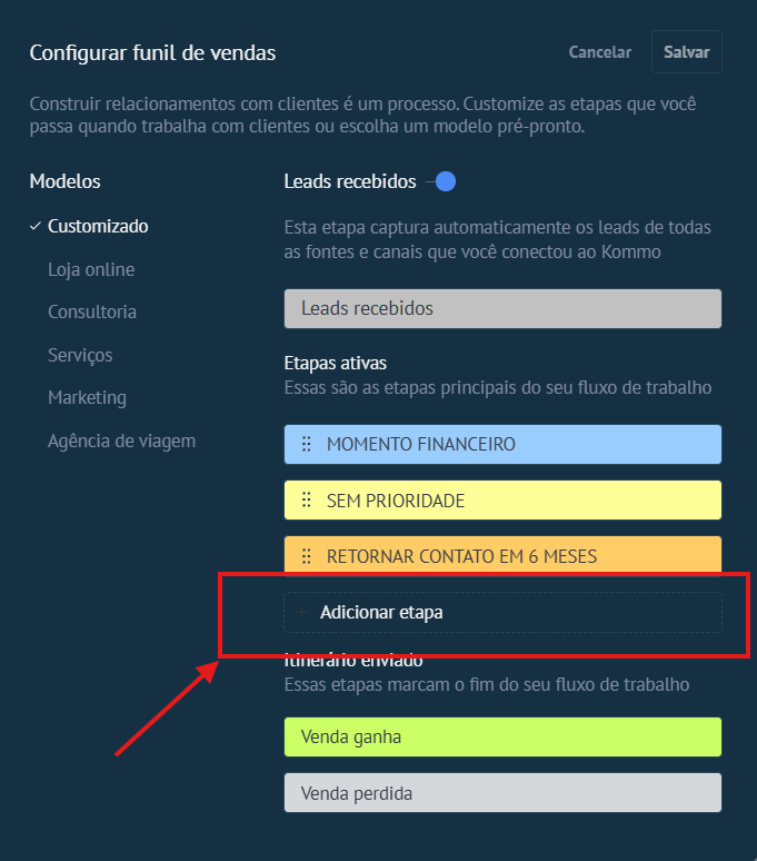 Tela Configurar funil de vendas