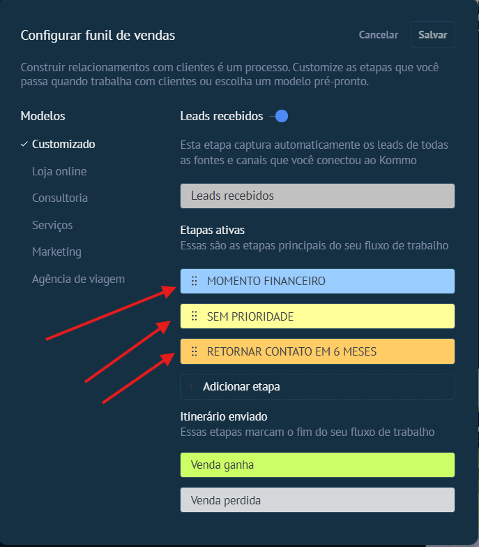 Etapas da Geladeira renomeadas com setas vermelhas
