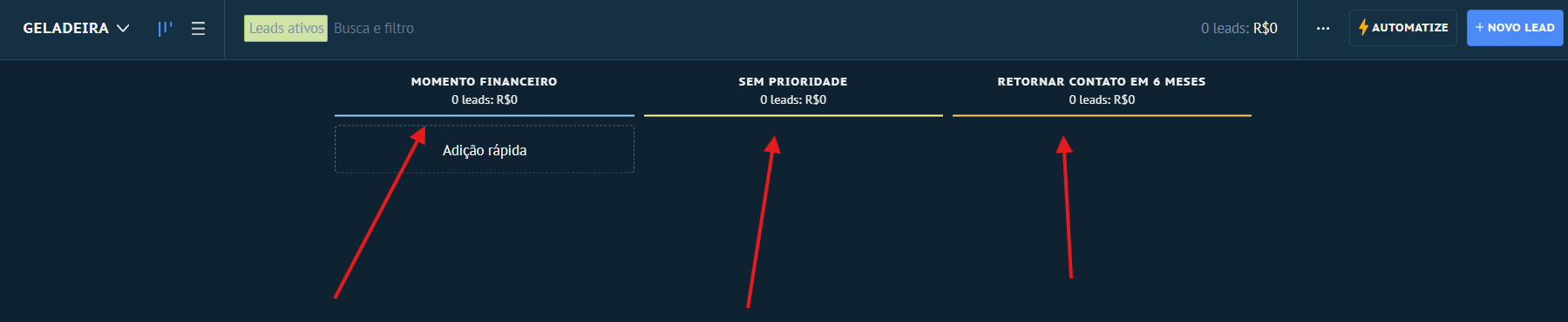 Funil GELADEIRA pronto com 3 etapas no Kanban