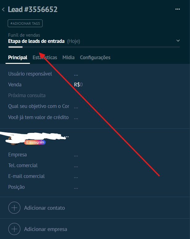 Card do lead aberto com campo Funil de vendas destacado