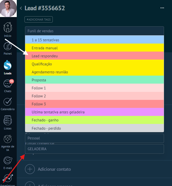 Dropdown expandido com etapas e outros funis