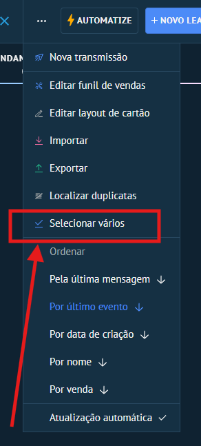 Menu 3 pontinhos do Kanban com Selecionar vários destacado