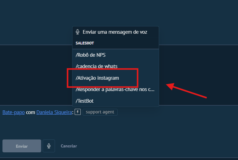 Menu Salesbot com /Ativação instagram destacado