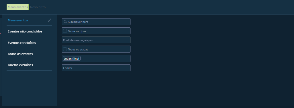 Painel de filtros do Calendário com Meus eventos selecionado