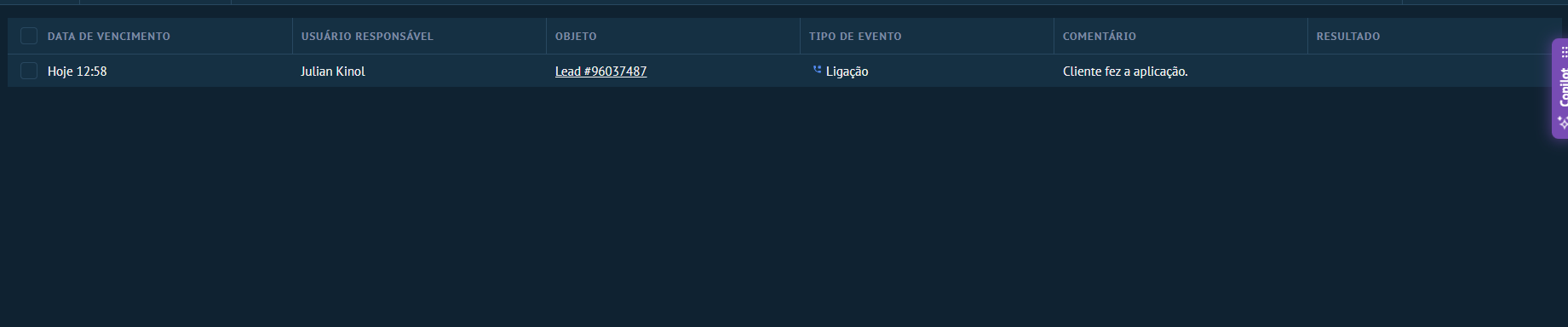 Tela do Menu Calendário em vista de lista com colunas