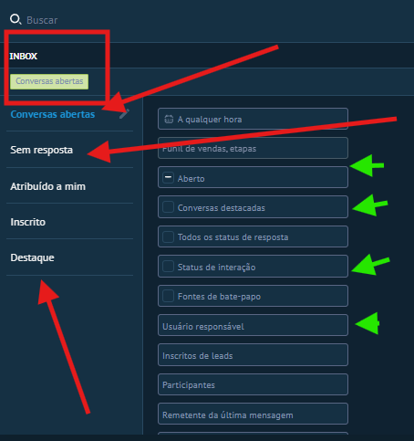 Painel de filtros do Menu Chats com abas e opções destacadas