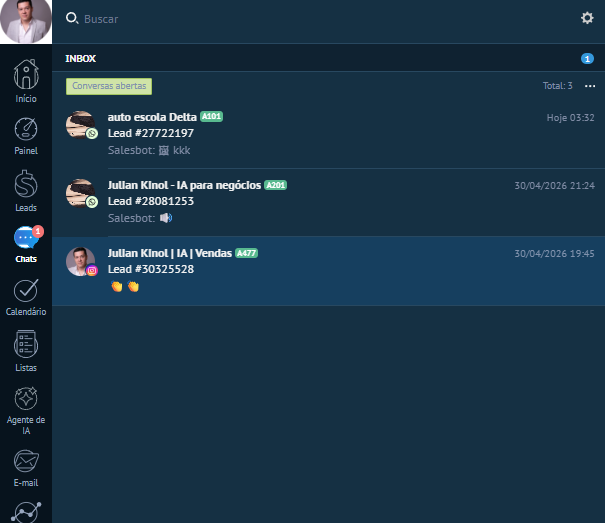 Tela do Menu Chats — INBOX com conversas listadas