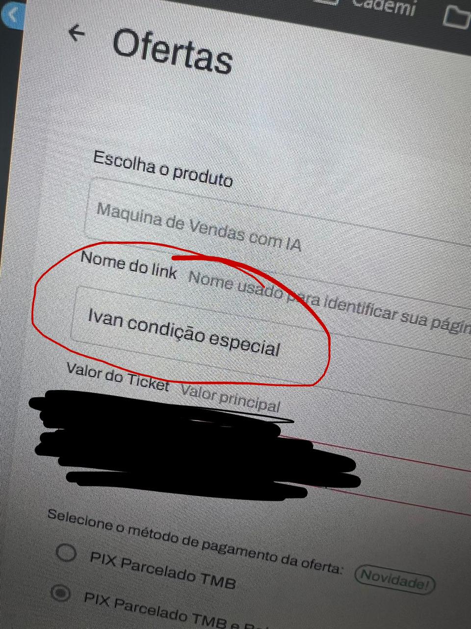 Tela de criar oferta no CRM com o campo Nome do link preenchido como 'Ivan condição especial'