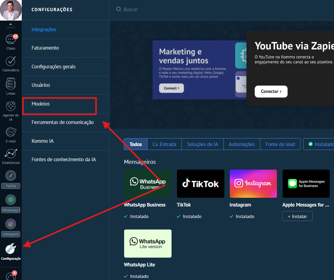 Configurações com Modelos destacado no menu lateral