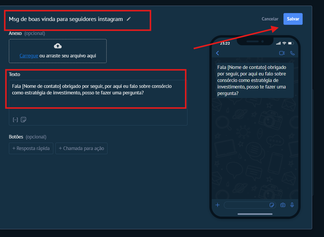 Editor do template com nome, anexo, texto com variável e preview no celular
