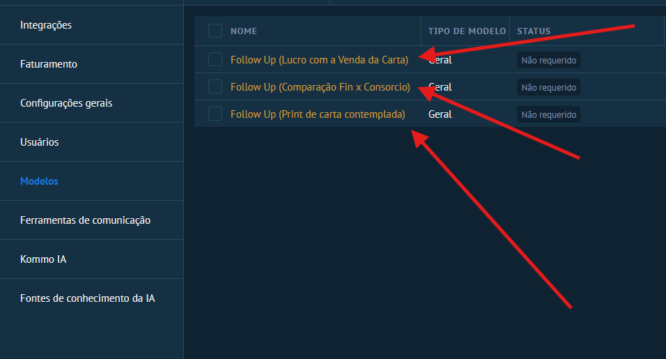 Lista de templates salvos com 3 Follow Up cadastrados