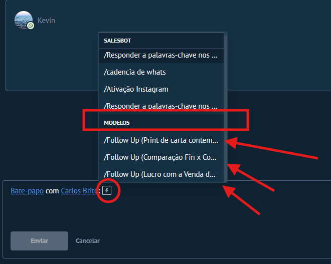 Card com raiozinho destacado abrindo menu Salesbot e Modelos