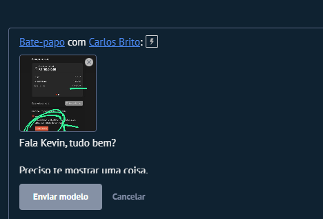 Mensagem pronta pra enviar com nome do lead substituído e print anexado