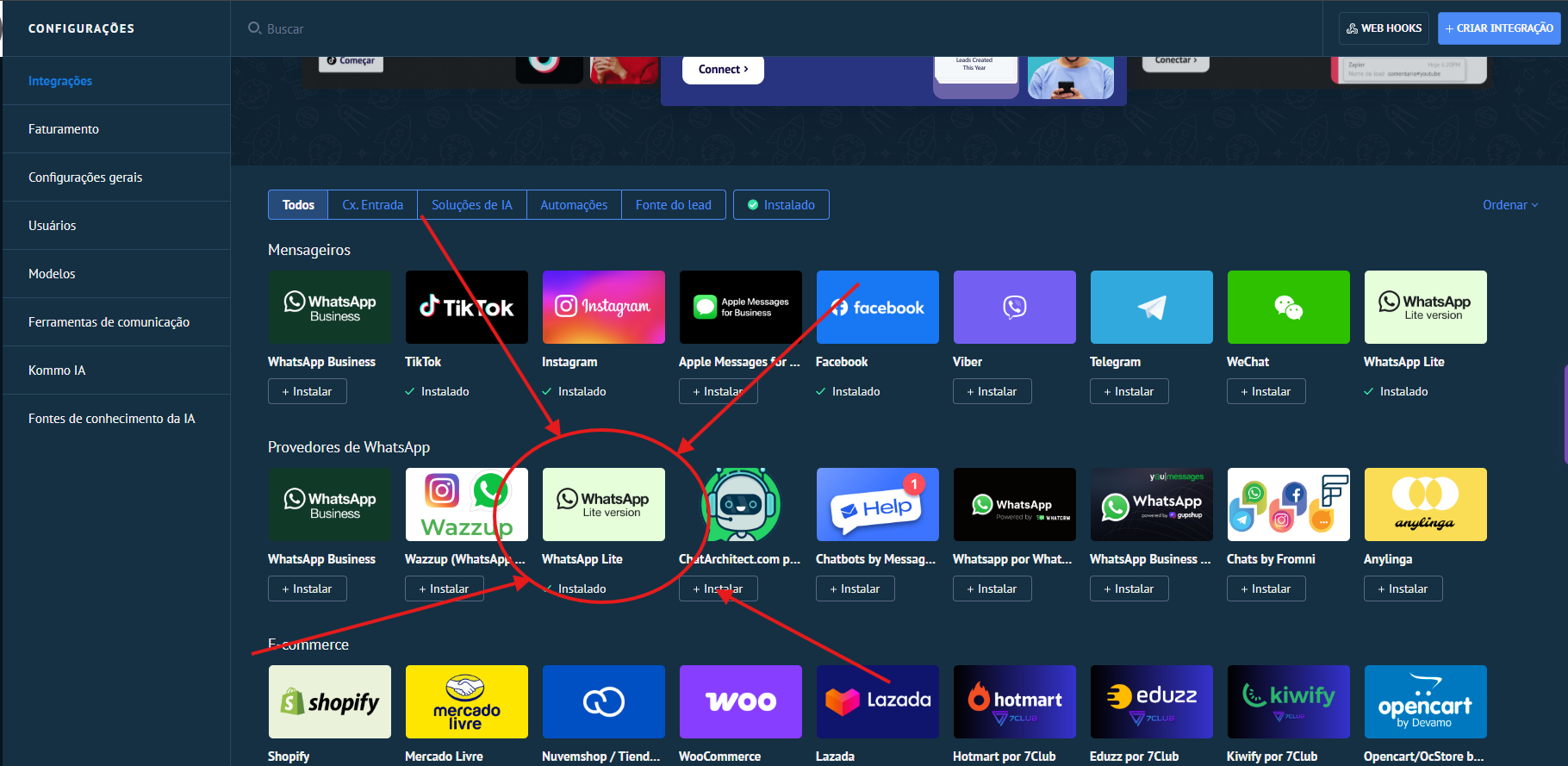 Tela de integrações com WhatsApp Lite destacado