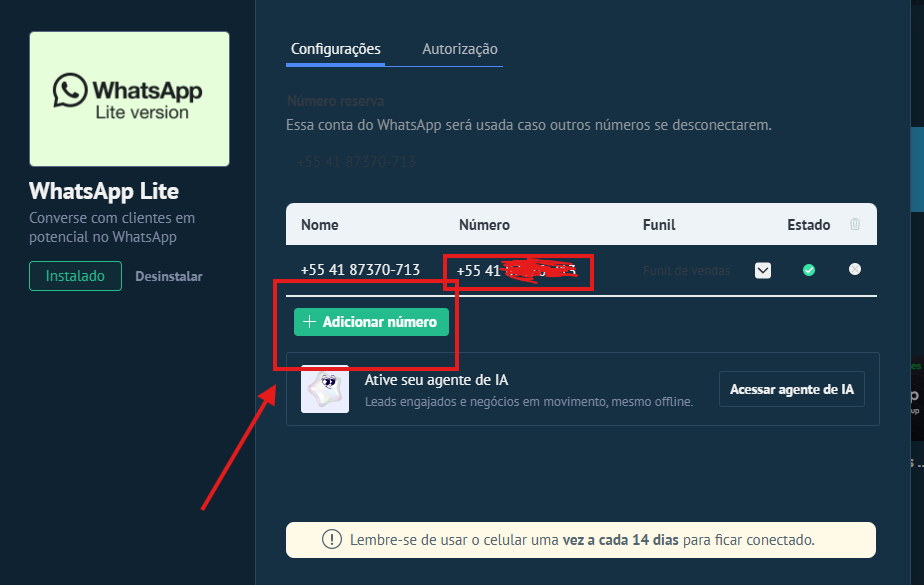 Tela do WhatsApp Lite com botão Adicionar número destacado