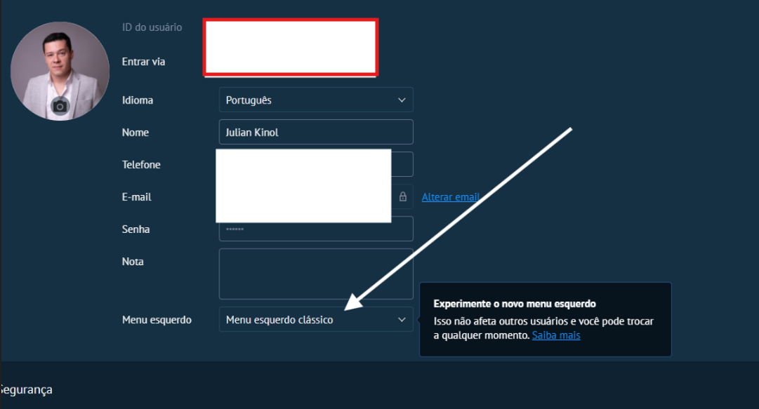 Tela de perfil com Menu esquerdo clássico selecionado